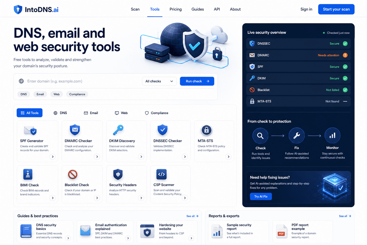 IntoDNS.ai tools hub redesign concept