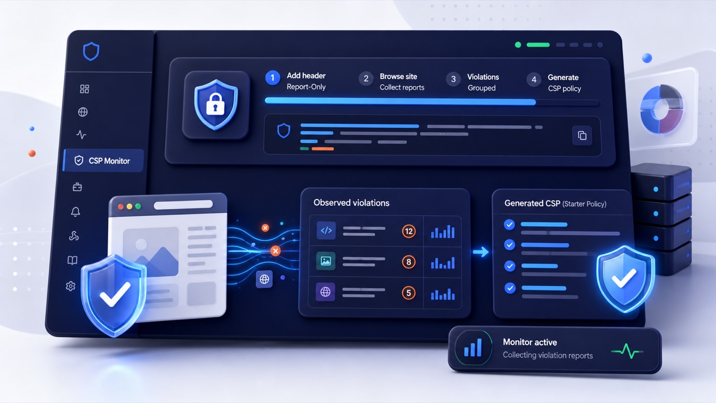 The IntoDNS.ai CSP Monitor workflow: add a Report-Only header, browse your site, review grouped violations, generate a strict CSP policy